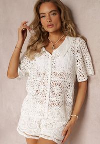 Renee - Biała Ażurowa Koszula z Krótkimi Rękawami Keikain. Kolor: biały. Materiał: jeans, tkanina. Długość rękawa: krótki rękaw. Długość: krótkie. Wzór: ażurowy