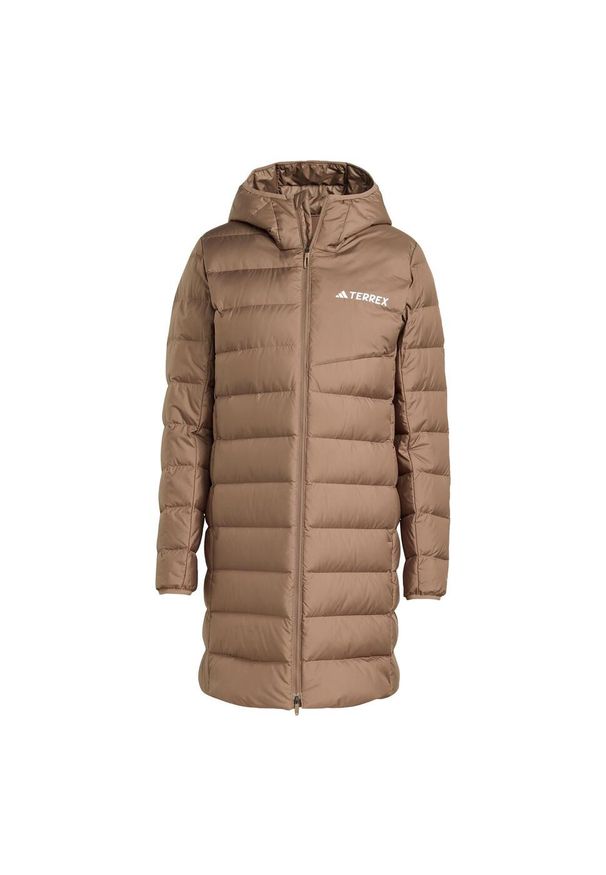 Adidas - Parka Terrex Multi Light Down Hooded 2.0. Kolor: brązowy, wielokolorowy, beżowy. Materiał: puch. Technologia: ClimaWarm (Adidas). Sport: turystyka piesza