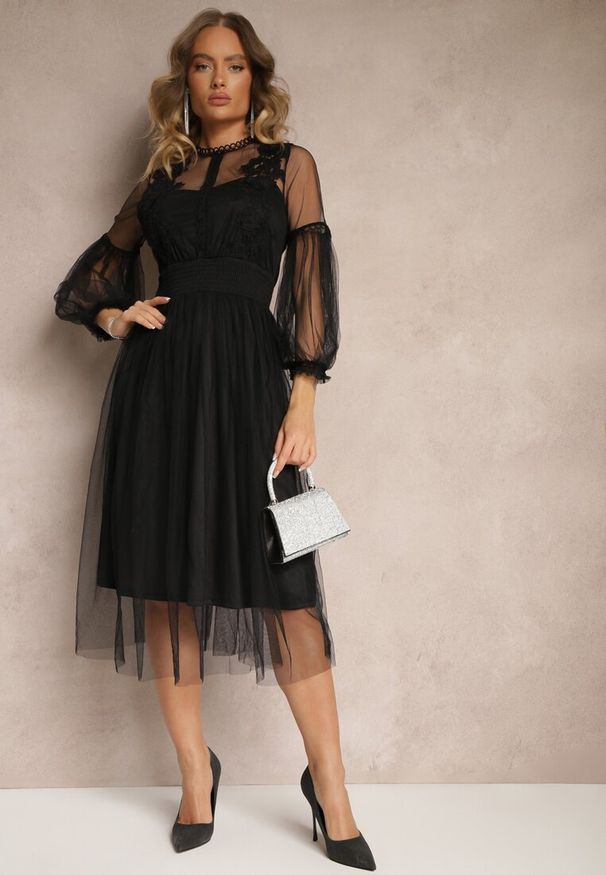 Renee - Czarna Tiulowa Sukienka Rozkloszowana z Koronką Nirthe. Kolor: czarny. Materiał: tiul, koronka. Wzór: koronka