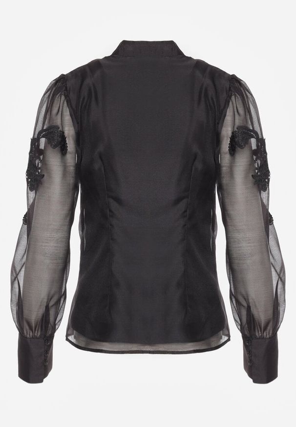 Renee - Czarna Koszula z Transparentnymi Rękawami i Koronką z Perełkami Ulani. Kolor: czarny. Materiał: koronka. Wzór: koronka. Styl: elegancki