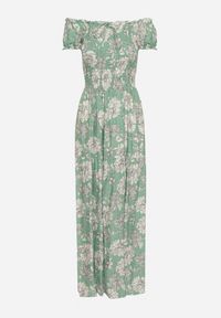 Born2be - Zielona Sukienka z Wiskozy Typu Hiszpanka z Marszczonym Dekoltem Yelbia. Typ kołnierza: dekolt hiszpanka. Kolor: zielony. Materiał: wiskoza. Wzór: kwiaty #7