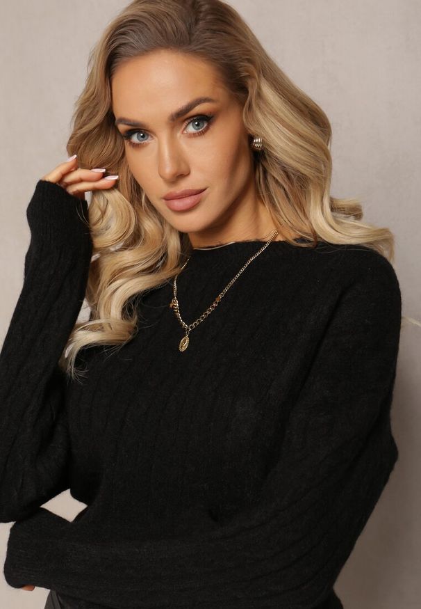 Renee - Czarny Sweter w Ozdobny Splot z Kaszmirem Habeni. Kolor: czarny. Materiał: kaszmir. Wzór: ze splotem. Sezon: zima