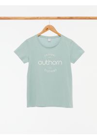 outhorn - T-shirt z nadrukiem damski - turkusowy. Kolor: turkusowy. Materiał: bawełna, jersey. Wzór: nadruk #3