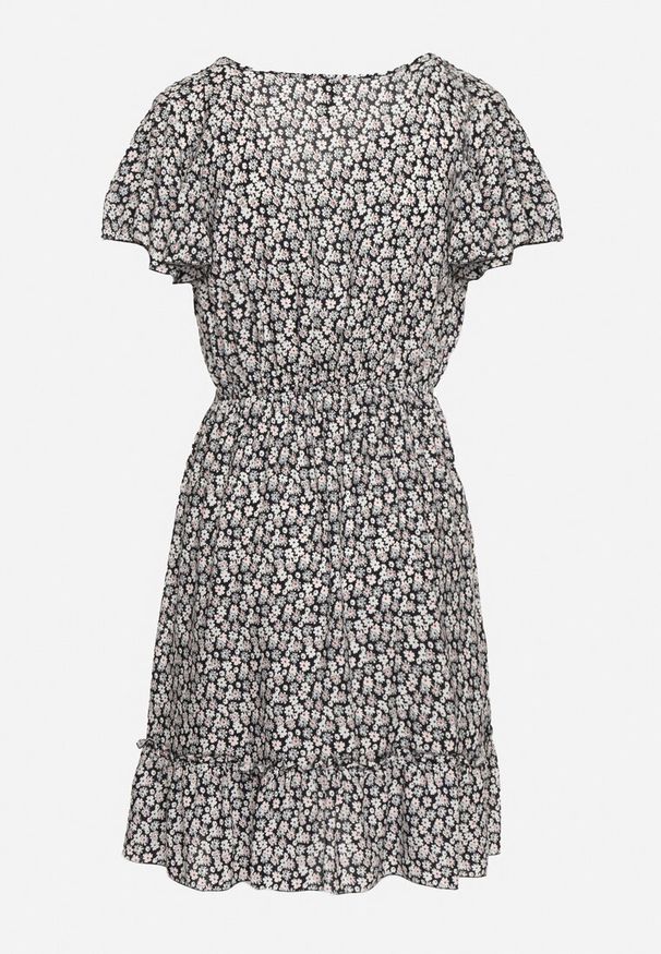 Born2be - Czarno-Biała Sukienka Bawełniana z Gumką w Pasie i Drobnym Wzorem w Kwiaty Napenia. Okazja: na co dzień. Typ kołnierza: dekolt w kształcie V. Kolor: niebieski. Materiał: bawełna. Długość rękawa: krótki rękaw. Wzór: kwiaty. Typ sukienki: proste. Styl: casual, klasyczny