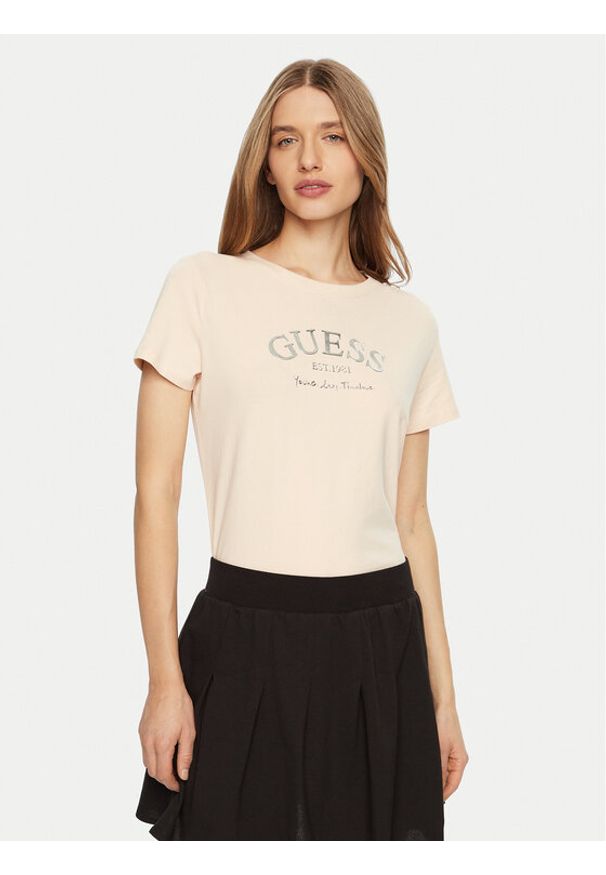 Guess T-Shirt V5RI16 J1314 Beżowy Regular Fit. Kolor: beżowy. Materiał: bawełna