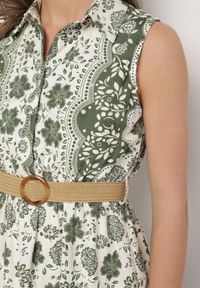Born2be - Zielona Bawełniana Sukienka o Koszulowym Kroju Bez Rękawów z Paskiem Mirulenia. Okazja: na co dzień. Typ kołnierza: dekolt w kształcie V. Kolor: zielony. Materiał: bawełna. Długość rękawa: bez rękawów. Wzór: kwiaty, aplikacja, haft. Typ sukienki: koszulowe. Styl: casual #2
