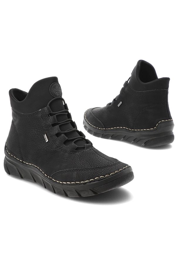 Botki damskie Rieker, na platformie z okrągłym noskiem ocieplane za kostkę i na zamek, czarne, 55069-00. Okazja: na co dzień. Wysokość cholewki: za kostkę. Nosek buta: okrągły. Zapięcie: zamek. Kolor: czarny. Materiał: skóra ekologiczna. Obcas: na platformie. Styl: casual, elegancki