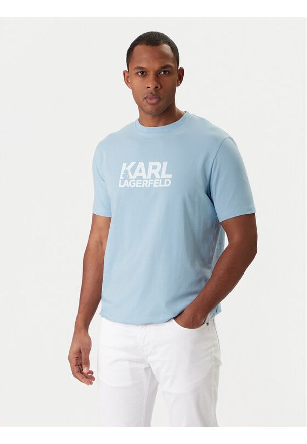 Karl Lagerfeld - KARL LAGERFELD T-Shirt 755780 561235 Błękitny Regular Fit. Typ kołnierza: dekolt w karo. Kolor: niebieski. Materiał: bawełna