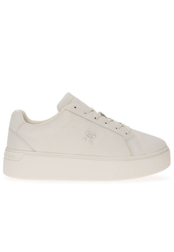 TOMMY HILFIGER - Buty damskie Tommy Hilfiger Nubuck Leather Platform Court FW0FW07912-YBL - beżowe. Okazja: na co dzień. Kolor: beżowy. Materiał: nubuk. Szerokość cholewki: normalna. Obcas: na platformie