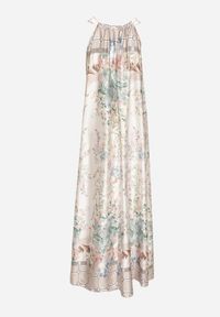 Born2be - Biała Satynowa Sukienka w Kwiaty z Ozdobnym Wiązaniem Fenasella. Okazja: na co dzień. Kolor: biały. Materiał: satyna. Wzór: kwiaty. Typ sukienki: proste. Styl: wizytowy, klasyczny, casual, elegancki #6