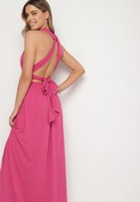 Born2be - Ciemnoróżowa Koktajlowa Sukienka Multiway z Wiskozą i Wiązaniem na Szyi Lilazza. Okazja: na imprezę. Typ kołnierza: dekolt w kształcie V. Kolor: różowy. Materiał: wiskoza. Typ sukienki: rozkloszowane. Styl: wizytowy #4
