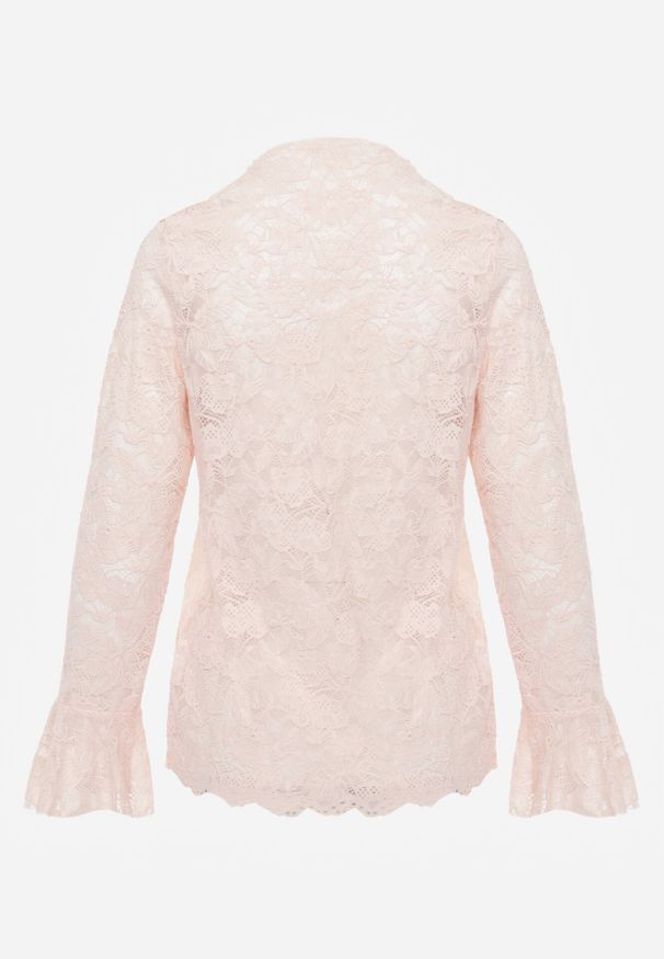 Born2be - Różowa Koronkowa Bluzka z Falbanką i Rozszerzanymi Rękawami Nelaetia. Typ kołnierza: kołnierz z falbankami. Kolor: różowy. Materiał: koronka. Wzór: koronka. Styl: elegancki, klasyczny