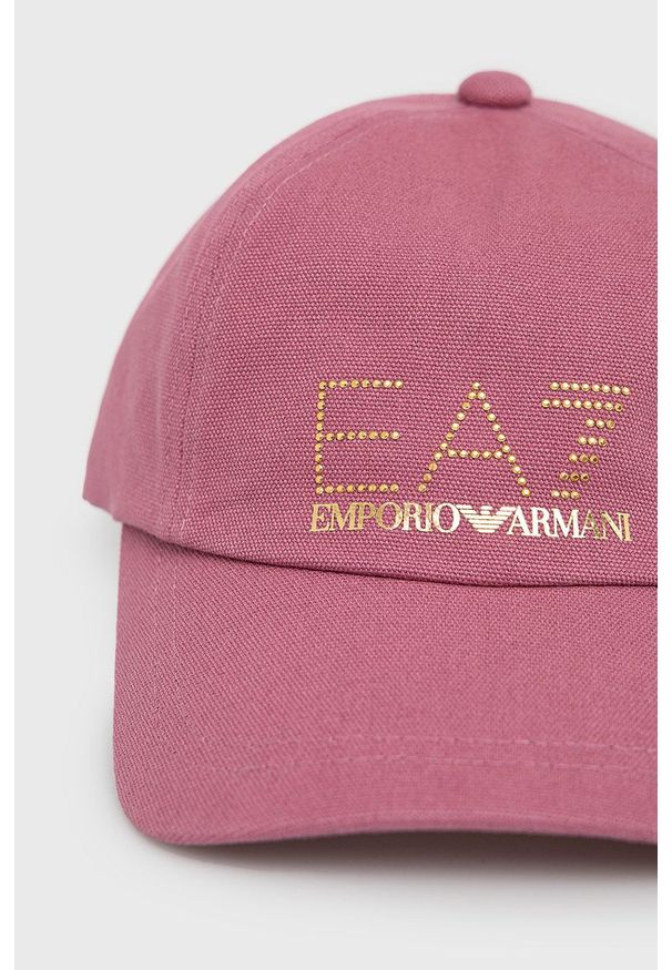 EA7 Emporio Armani czapka bawełniana kolor różowy z aplikacją. Kolor: różowy. Materiał: bawełna. Wzór: aplikacja