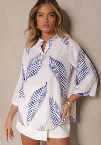 Renee - Biało-Niebieska Koszula z Bawełną i Motywem Liści Lumireline. Okazja: na co dzień. Kolor: biały. Materiał: bawełna. Styl: elegancki, casual #5