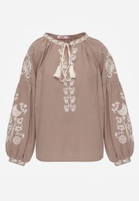 Born2be - Beżowa Bawełniana Bluzka Boho z Ozdobnym Haftem i Sznurkiem z Frędzlami Lamegenia. Okazja: na co dzień. Kolor: beżowy. Materiał: bawełna. Długość: długie. Wzór: haft. Styl: boho #3