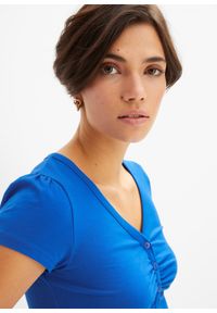 bonprix - Shirt z plisą guzikową, z bawełny organicznej. Typ kołnierza: dekolt w serek. Kolor: niebieski. Materiał: bawełna #3