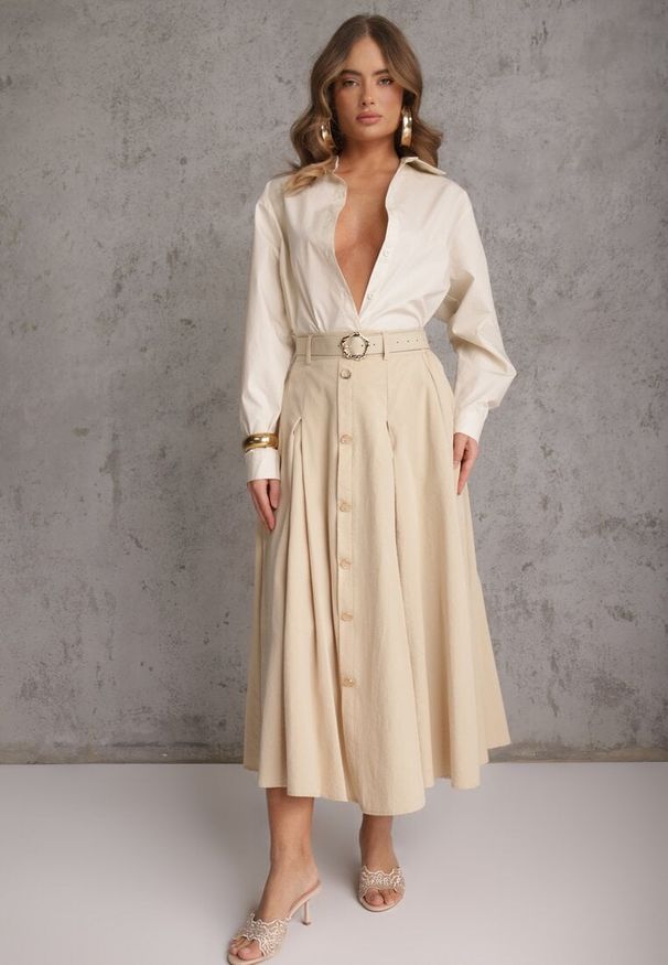 Renee - Beżowa Rozkloszowana Spódnica z Kieszonkami i Paskiem z Klamrą Qualea. Okazja: na co dzień. Kolor: beżowy. Materiał: wiskoza, bawełna, materiał. Styl: casual, elegancki