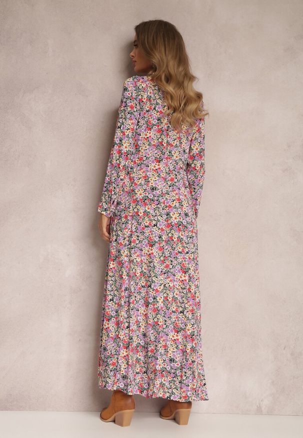Renee - Fioletowa Sukienka Koszulowa w Kwiaty Mirannie. Kolor: fioletowy. Długość rękawa: długi rękaw. Wzór: kwiaty. Typ sukienki: koszulowe. Styl: boho. Długość: maxi