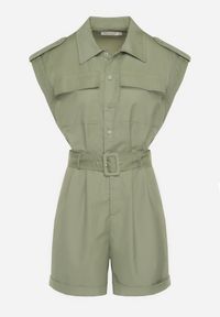 Born2be - Ciemnobeżowy Kombinezon bez Rękawów Zapinany na Guziki z Materiałowym Paskiem Tiamarlia. Okazja: na co dzień. Kolor: beżowy. Materiał: materiał. Długość rękawa: bez rękawów. Styl: casual, klasyczny #2