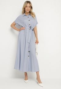 Born2be - Niebieska Koszulowa Sukienka z Lnem Wiskozą i Paskiem Lenaviel. Okazja: na co dzień. Kolor: niebieski. Materiał: len, wiskoza. Typ sukienki: koszulowe. Styl: casual, klasyczny #6