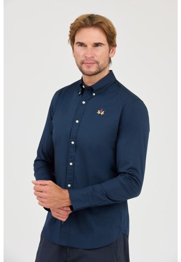 La Martina - LA MARTINA Granatowa męska koszula Poplin Stretch, Rozmiar M. Kolor: niebieski