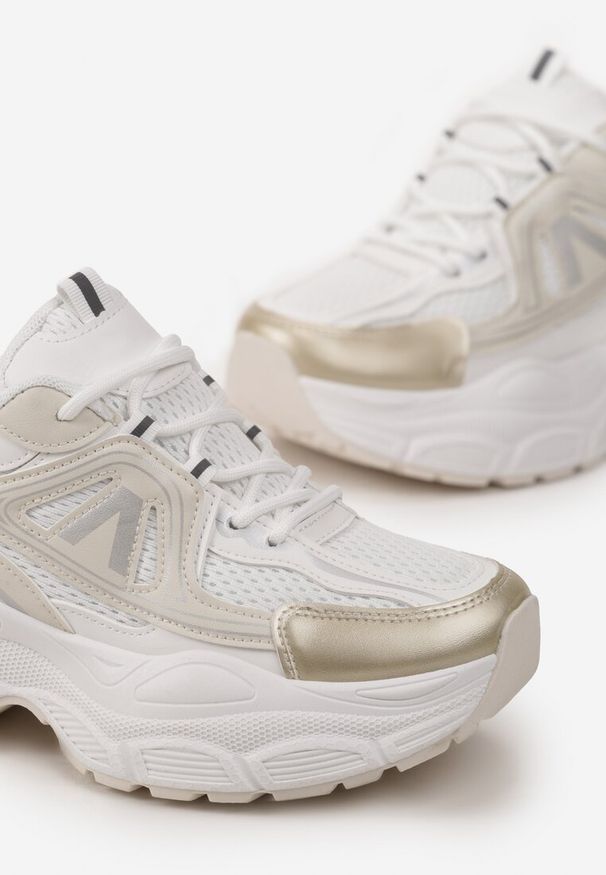 Renee - Złote Sneakersy z Siateczką i Wstawkami z Ekoskóry na Grubej Podeszwie Anirele. Kolor: beżowy