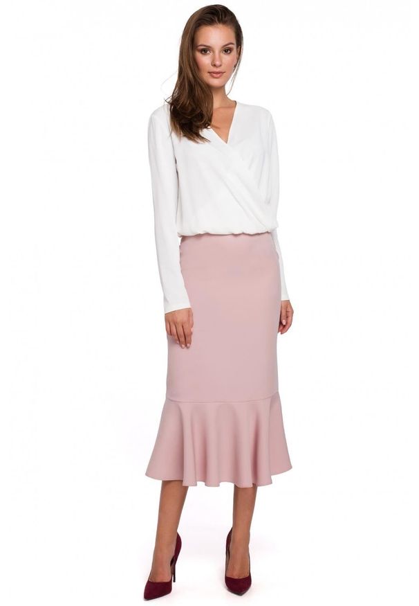 Makover - Elegancka ołówkowa spódnica midi zakończona falbaną. Materiał: elastan. Styl: elegancki