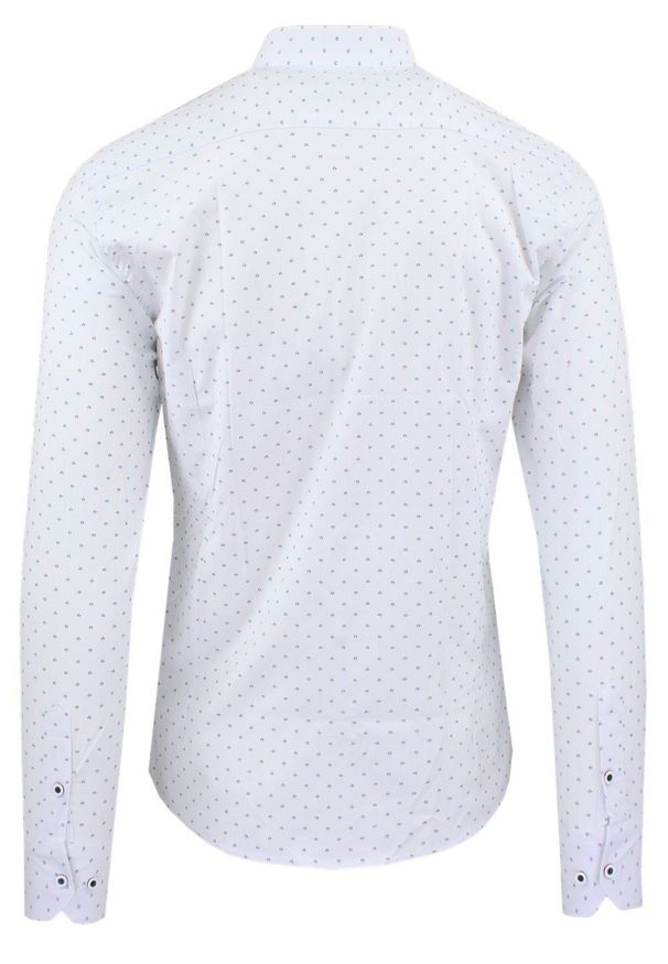 Męska Koszula, Taliowana (Slim Fit) - Rigon - Biała w Drobny Wzór. Okazja: do pracy, na spotkanie biznesowe. Kolor: biały. Materiał: poliester, bawełna, elastan. Długość rękawa: długi rękaw. Długość: długie. Styl: wizytowy, biznesowy, elegancki