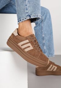 Born2be - Brązowe Zamszowe Sneakersy na Grubej Podeszwie ze Skórzaną Wkładką i Naszywką Rilaressa. Okazja: na co dzień. Kolor: brązowy. Materiał: zamsz, skóra. Wzór: aplikacja