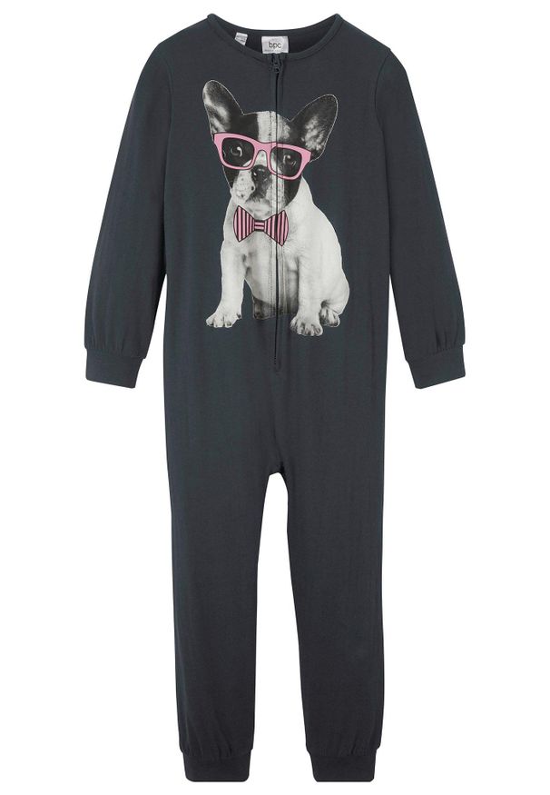 bonprix - Piżama jednoczęściowa z czystej bawełny organicznej. Kolor: czarny. Materiał: bawełna. Wzór: aplikacja