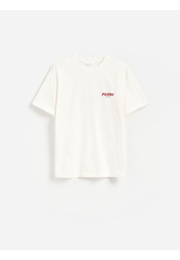 Reserved - T-shirt regular z nadrukiem na plecach - biały. Kolor: biały. Materiał: bawełna, dzianina. Wzór: nadruk