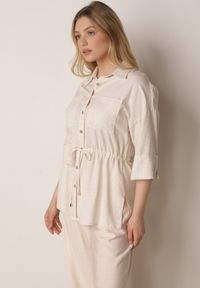 Born2be - Biała Koszula z Bawełną i Lnem Ozdobiona Wycięciami i Ściągana w Pasie Harwinds. Okazja: do pracy, na co dzień. Kolor: biały. Materiał: bawełna, len. Wzór: aplikacja. Styl: klasyczny, casual #5