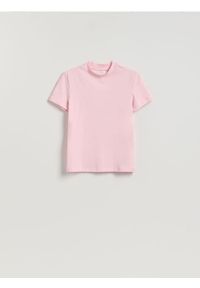 Reserved - T-shirt slim fit - pastelowy róż. Kolor: różowy. Materiał: bawełna, dzianina #1