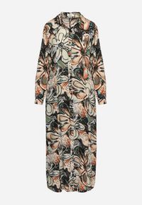 Born2be - Czarno-Beżowa Koszulowa Kwiatowa Sukienka z Wiskozy Ozdobiona Guzikami Enanoris. Okazja: na co dzień. Kolor: czarny. Materiał: wiskoza. Długość rękawa: długi rękaw. Wzór: aplikacja, kwiaty. Typ sukienki: koszulowe. Styl: casual, elegancki #2