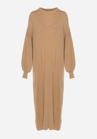 Born2be - Ciemnobeżowa Pudełkowa Sukienka Sweterkowa z Wiskozą Szerokimi Rękawami i Kołnierzykiem Rinfera. Kolor: beżowy. Materiał: wiskoza. Typ sukienki: proste. Styl: wizytowy, elegancki #7