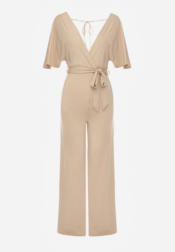 Renee - Beżowy Długi Kombinezon z Wiązaniem i Głębokim Kopertowym Dekoltem Sumya. Okazja: na spotkanie biznesowe. Kolor: beżowy. Długość: długie. Styl: elegancki, biznesowy
