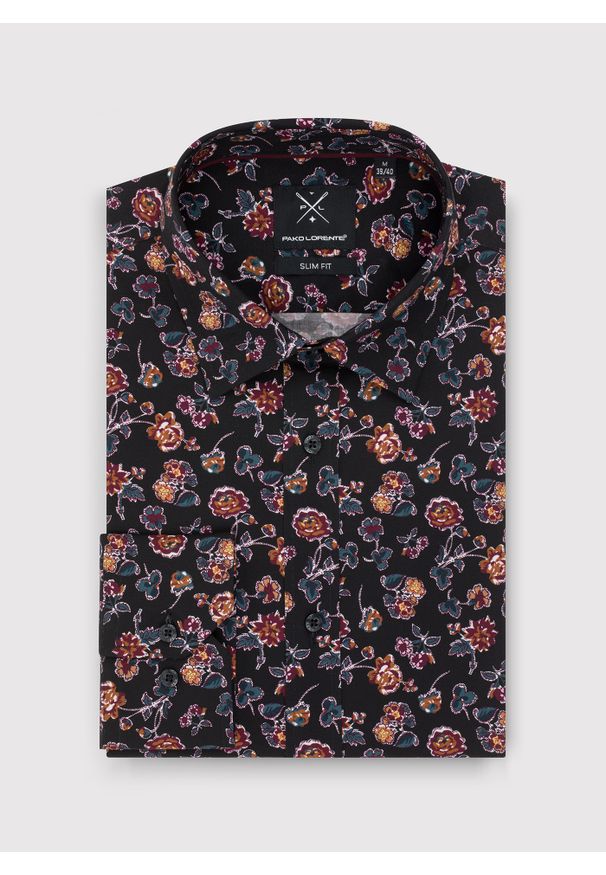 Pako Lorente - PAKO LORENTE – Czarna koszula męska w kwiaty. Kolor: czarny. Materiał: elastan, bawełna. Długość rękawa: długi rękaw. Długość: długie. Wzór: kwiaty
