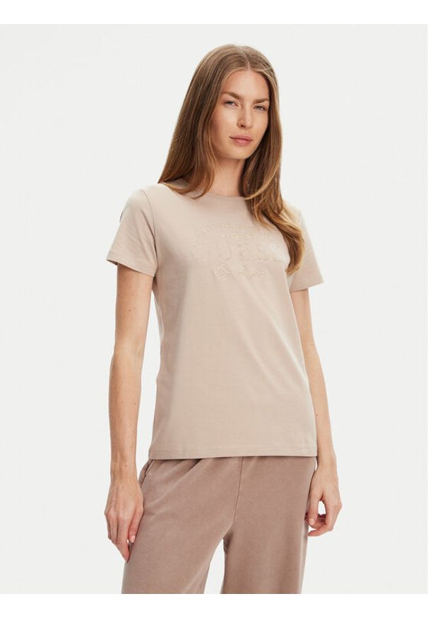 Guess T-Shirt V5YI13 J1314 Beżowy Regular Fit. Kolor: beżowy. Materiał: bawełna