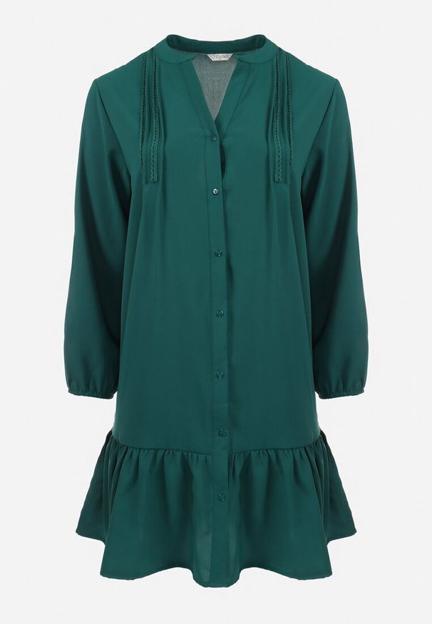 Born2be - Ciemnozielona Koszulowa Sukienka Mini z Falbanką Brindel. Kolor: zielony. Typ sukienki: koszulowe. Długość: mini