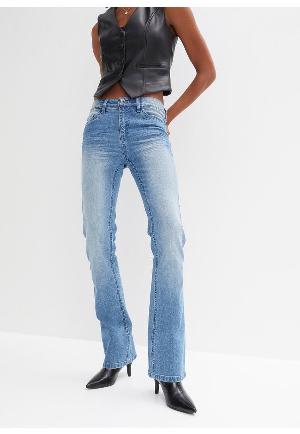 bonprix - Jeansy z rozkloszowanymi nogawkami, mid waist, ze stretchem. Kolor: niebieski