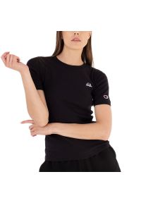 Koszulka Champion Crewneck 115932-KK001 - czarna. Kolor: czarny. Materiał: bawełna, materiał. Długość rękawa: krótki rękaw. Długość: krótkie. Wzór: aplikacja