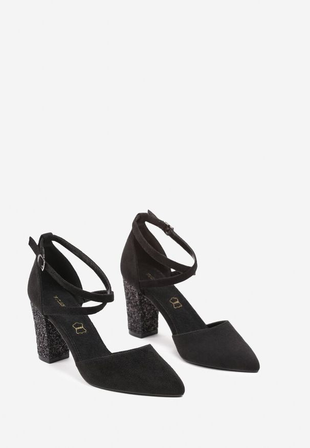 Renee - Czarne Czółenka na Brokatowym Słupku ze Skórzaną Wkładką i Ozdobnymi Paskami Leaniria. Okazja: na co dzień. Zapięcie: pasek. Kolor: czarny. Materiał: skóra. Wzór: aplikacja. Obcas: na słupku. Styl: casual, elegancki