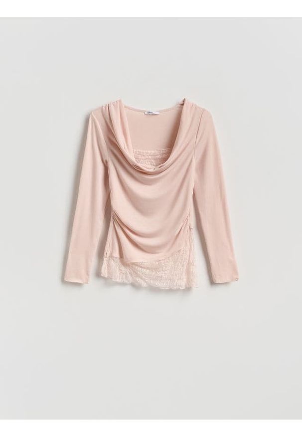 Reserved - Bluzka z koronkową wstawką - pastelowy róż. Kolor: różowy. Materiał: koronka