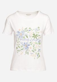Born2be - Biało-Niebieski Bawełniany T-shirt Bluzka z Delikatnym Haftem z Przodu Acindra. Kolor: biały. Materiał: bawełna. Wzór: haft #6