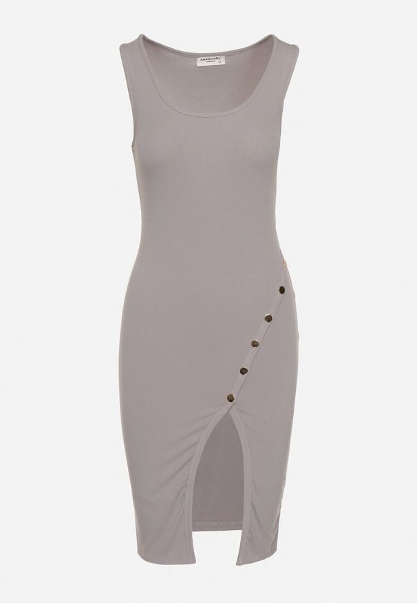 Born2be - Szara Dopasowana Sukienka Bez Rękawów z Elastycznej Bawełny z Ozdobnymi Nitami Zimelia. Kolor: szary. Materiał: bawełna. Długość rękawa: bez rękawów. Typ sukienki: dopasowane