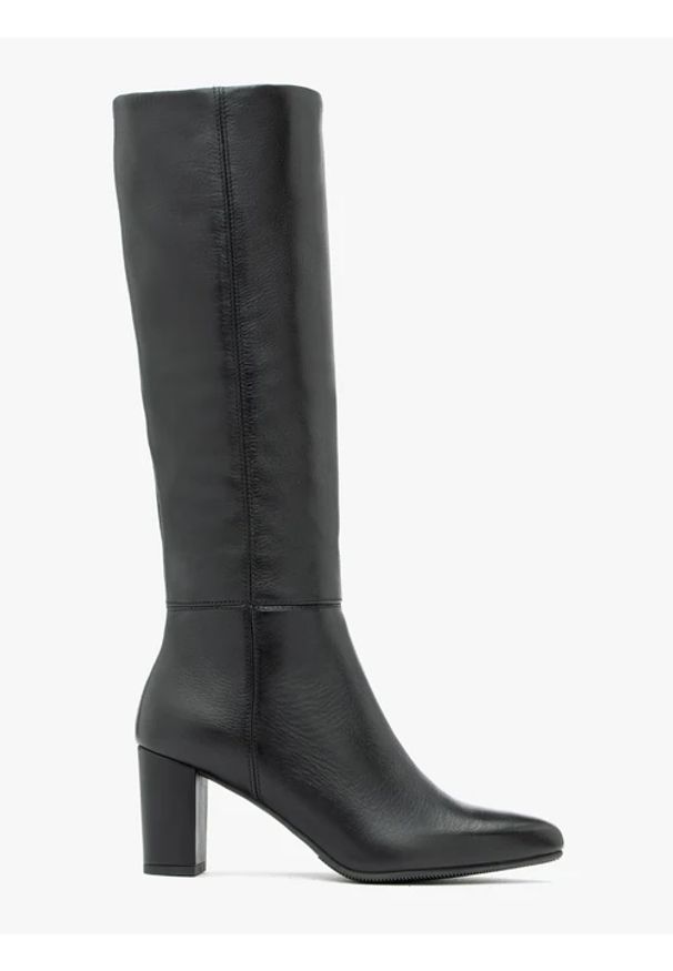 Ryłko - Czarne kozaki ze skóry licowej z wąską cholewką. Zapięcie: zamek. Kolor: czarny. Materiał: skóra. Szerokość cholewki: wąska. Obcas: na obcasie. Styl: klasyczny, elegancki, street. Wysokość obcasa: średni