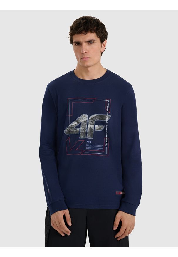4f - 4F Longsleeve regular z nadrukiem męski - granatowy S. Kolor: niebieski. Materiał: materiał, bawełna. Długość rękawa: długi rękaw. Długość: długie. Wzór: nadruk