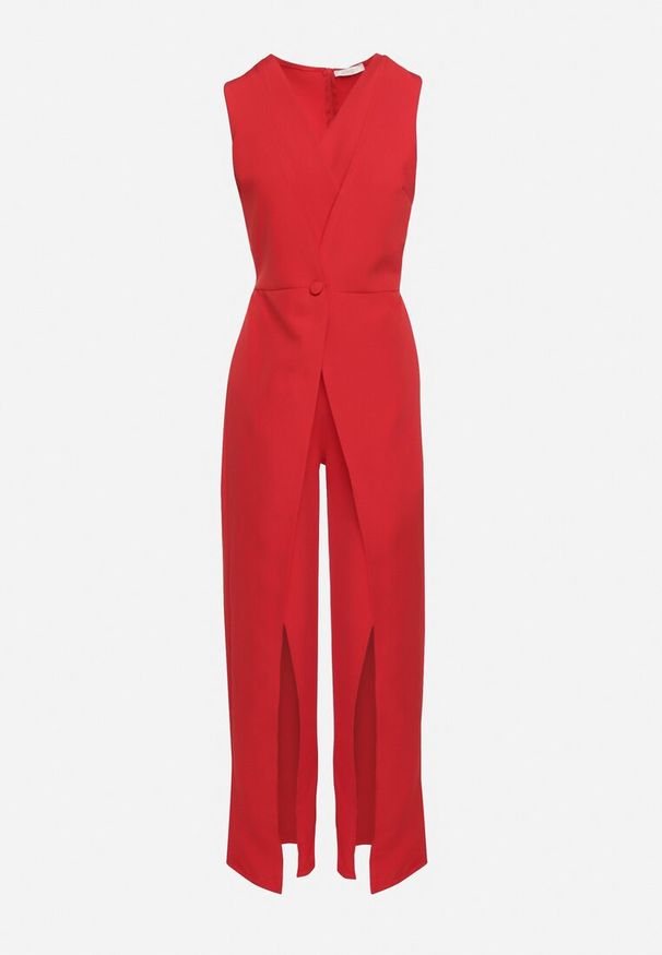 Born2be - Czerwony Taliowany Koktajlowy Kombinezon z Kopertowym Dekoltem z Guzikiem i Suwakiem Dimecca. Okazja: na co dzień. Kolor: czerwony. Styl: wizytowy