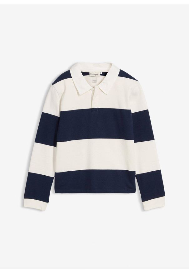 bonprix - Bluza polo z czystej bawełny. Typ kołnierza: polo. Kolor: niebieski. Materiał: bawełna