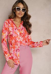 Renee - Różowo-Czerwona Koszula o Klasycznym Kroju we Florystyczny Print Ationama. Kolor: różowy. Wzór: nadruk. Styl: klasyczny #3